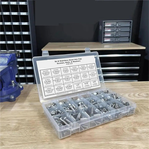 Heavy Duty Stainless Steel Hex Bolt Assortment Kit 380 Piece Corrosion Resistant Nuts Washers And Screws For Rock Solid Furniture Assembly in transparent organizer.