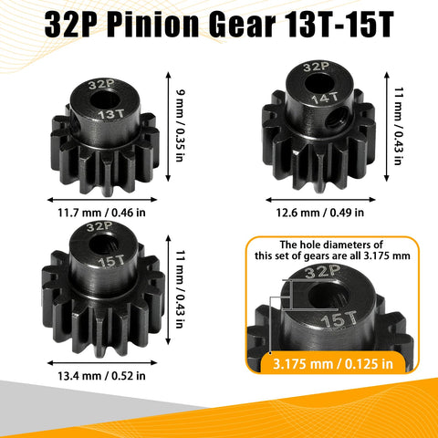 Three-Piece 32P Pinion Gear Set Hardened Steel 3.175mm Shaft 45 Pitch 13T 14T 15T 0.8M For 1 By 10 Scale RC Cars Upgrade