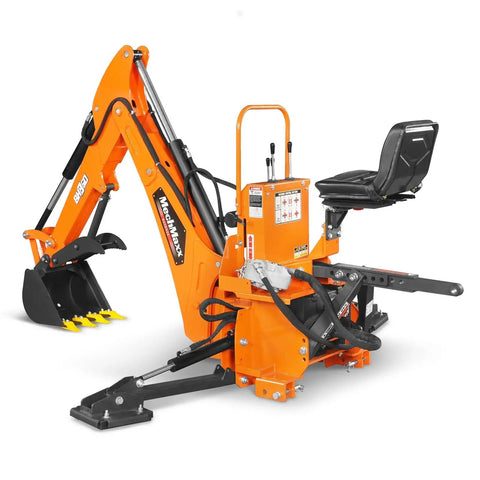 Orange 9 Ft Tractor Backhoe Attachment With Mechanical Thumb, 15 Inch Bucket, 3 Point Hitch Cat 1 And 2, Seat View