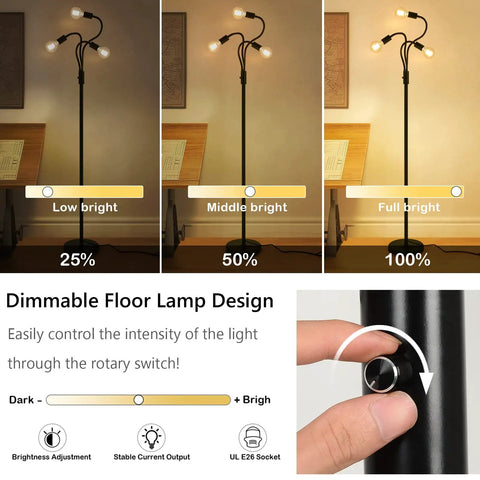 Dimmable Industrial Floor Lamp With 3 Adjustable Gooseneck Arms, Tall Tree-Style Farmhouse Standing Lamp With Brightness Settings.