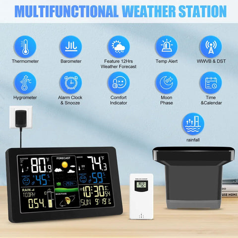 Wireless Outdoor Rain Gauge And Home Weather Station With Indoor Outdoor Display Thermometer Barometer Hygrometer Atomic Clock