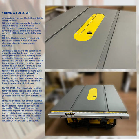 Badass Zero Clearance Inserts For DeWalt Table Saws With Riving Knife Slot And Offset Hardware Delivers Hella Smooth Cuts Zoomed View of Insert on DeWalt Table Saw.