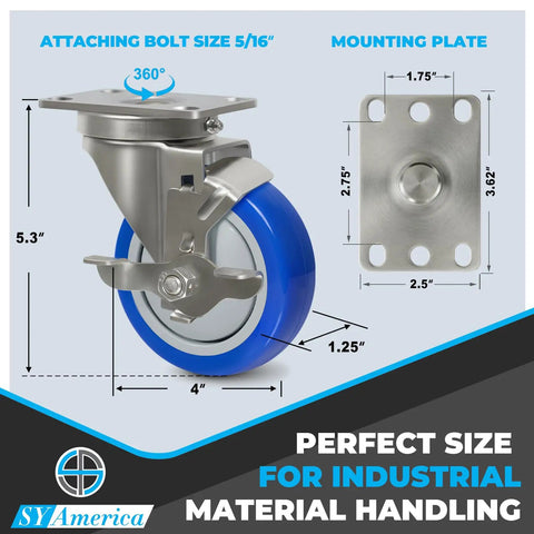 Heavy Duty 4 Inch By 1.25 Inch Stainless Steel Caster Wheels With Non Marking Polyurethane, 300 Lb Per Caster, blue wheel detail