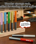 Pro Grade 7 Piece Tungsten Steel Scribing Tool Set With Wooden Stand, showing multi-color handles in a wooden rack.