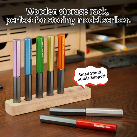 Pro Grade 7 Piece Tungsten Steel Scribing Tool Set With Wooden Stand, showing multi-color handles in a wooden rack.
