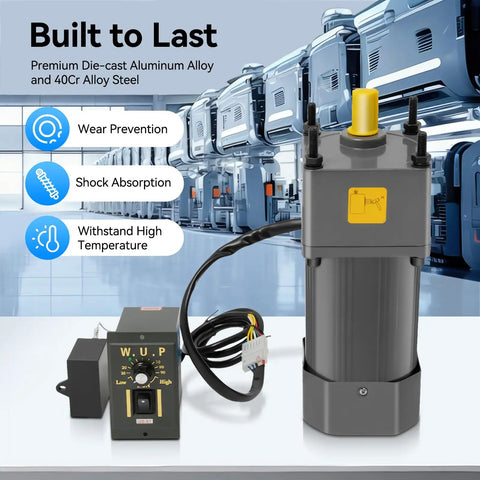 250W Gear Motor With 1 To 5 Reduction 110V Single Phase 270 RPM Adjustable Speed Controller on industrial backdrop