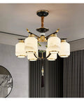 Sharp Chinese Style Crystal Ceiling Fan Chandelier For Living Room With Heavy Duty Blades And Bright Integrated Lighting That Serves Up Top Tier Cozy Vibes For Your Dream Space, featuring six frosted glass shades.