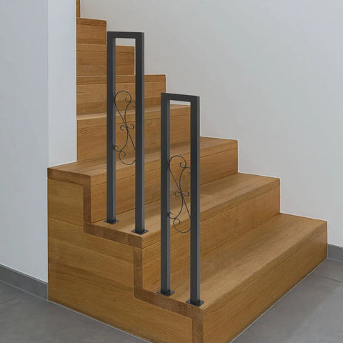 Two Pack U Shaped S Scroll Staircase Handrails Premium Carbon Steel Build on wooden stairs for indoor use.
