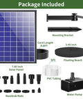 Components of 8W Solar Fountain Pump With 3600mAh Backup Battery For Bird Bath And Small Pond, including nozzles and tubing.