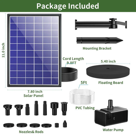 Components of 8W Solar Fountain Pump With 3600mAh Backup Battery For Bird Bath And Small Pond, including nozzles and tubing.