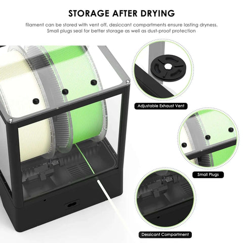 3D Printer Filament Dryer Box With Auto Rotation And Humidity Hold shown with adjustable exhaust vent and desiccant compartment