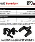Image showing specifications for Rackstuds™ DUO, focusing on hole size and rail thickness for Zero Hassle 1RU Rack Mount System.