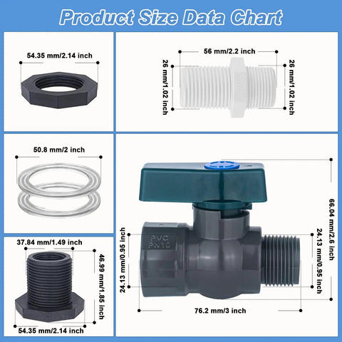 Three Quarter Inch PVC Rain Barrel Spigot Kit With Garden Hose Adapter and Bulkhead Fitting size chart.