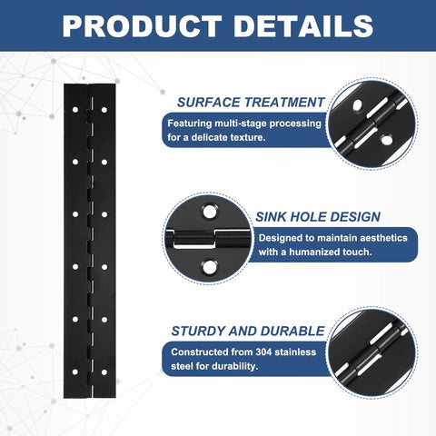 Product details of Heavy Duty Black Piano Hinges 2 Pack 12 X 2 Inch 304 Stainless Steel Continuous Hinges with pre-drilled holes.