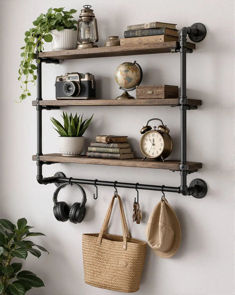 Wall-mounted shelving unit using Ten Pack Half Inch By Fourteen Inch Black Malleable Iron Pipe Nipples Fittings For DIY Steampunk Industrial Vintage Style Projects.