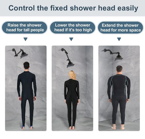 Three shower setups demonstrating shower arm extender for height adjustment with Brass Shower Arm Extender For Rain And Handheld Shower Heads 5 Inch Universal Extension Arm With Height And Angle Adjustment In Oil Rubbed Bronze Built Tough With Durable Swivel Joints For Leak Free Performance.