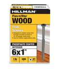 Box of Hillman Fas-n-Tite Wood Trim Screws, phosphate coated, size 6x1 inch, 1 lb, interior use, showing screw and packaging design.