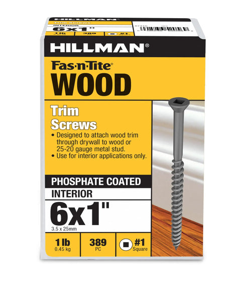 Box of Hillman Fas-n-Tite Wood Trim Screws, phosphate coated, size 6x1 inch, 1 lb, interior use, showing screw and packaging design.
