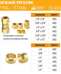 Front view of a 46-piece brass compression fittings set with unions, ferrules, and sleeves; sizes 1/8"–1/2".