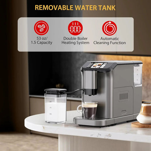 Countertop Ready Dual Boiler Espresso Machine With Built In Grinder And Automatic Milk Frother with removable water tank and glass milk container.