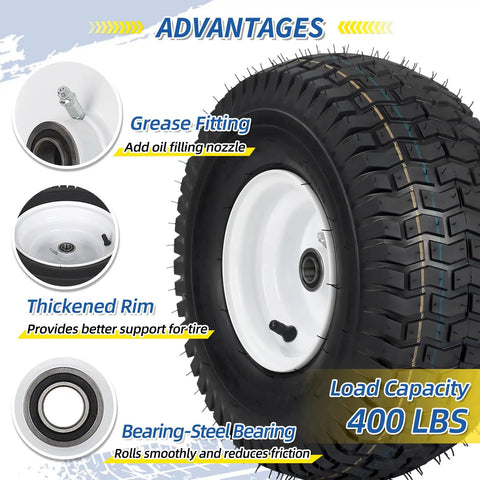 Close-up of Two Pack Tubeless Front Tires And Wheel Set For Lawn Mowers 15x6.00-6 With 3 Inch Offset Hub 3/4 Inch Bearing.