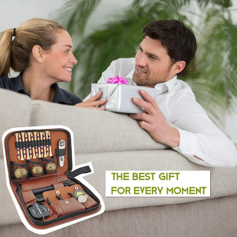 Premium Golf Gifts Set For Men And Women In A Slick Case With Gold Colored Golf Balls Tees Divot Tool Brush Green Reader.