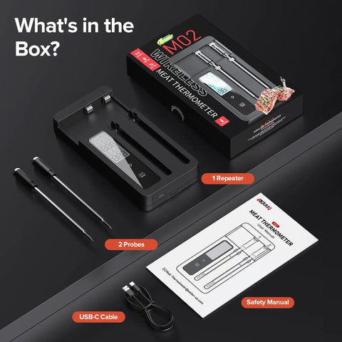 Dual Probe Wireless Meat Thermometer With Bluetooth And WiFi, box contents including probes, repeater, USB-C cable, manual.
