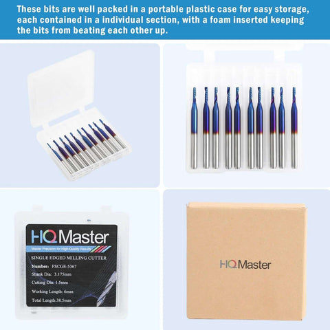 HQMaster 10-pack O-flute CNC router bits set; 1/8 in shank, 1/16 in cutting diameter, tungsten carbide, shown in plastic cases.