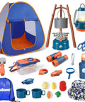 Kids Camping Set With Pop Up Tent And Outdoor Gear For Pretend Play Adventures, including light-up stove and accessories.