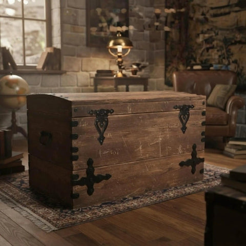 Vintage Antique Cast Iron T Hinges For Cabinet Doors 5 Point 3 Inch on a wooden storage chest in a rustic room.