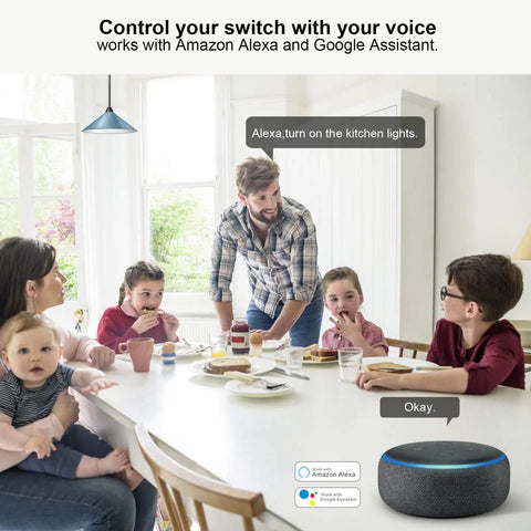 Family using Single Pole Smart Light Switch For Alexa And Google Assistant With 2.4GHz WiFi Neutral Wire Required Remote Voice Control Scheduling No Ground Wire Needed 2 Gang Pack at table