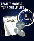 Top Shelf Cr2032 Lithium 3V Battery 25 Pack With Child Safe Guard And Zero Hassle Swap For Apple Airtag Car Remote Key Fob Watch Thermometer Calculator And Garage Opener Dead Set Dependable with calendar showing 5 year shelf life.