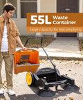 Heavy Duty Manual Walk Behind Floor Sweeper With 41 Inch Wide Cleaning Path For Warehouses Non Electric Broom Solid Rubber Wheels Workhorse Build Zero Setup Hassle with 55L waste container.