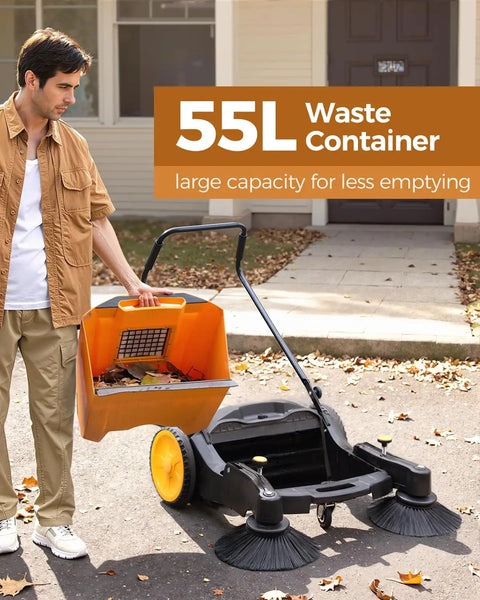 Heavy Duty Manual Walk Behind Floor Sweeper With 41 Inch Wide Cleaning Path For Warehouses Non Electric Broom Solid Rubber Wheels Workhorse Build Zero Setup Hassle with 55L waste container.
