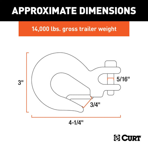Approximate dimensions of Heavy Duty 14000 Lbs Clevis Slip Hook Forged Steel Safety Chain With Locking Latch 5/16 Inch.