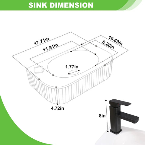 Dimensions of Rectangular Wall Mount Vessel Sink In White Porcelain Ceramic With Faucet And Drain, shown with black faucet.