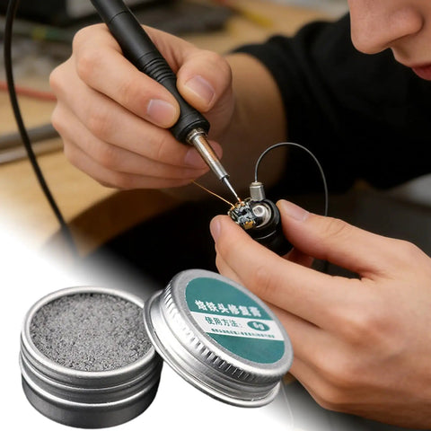 Person using Pro Grade Soldering Tip Tinner Paste For Oxide Removal And Tip Longevity; 6g aluminum jar in the foreground