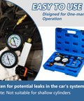 Automotive cylinder leak-down tester kit with dual pressure gauges in blue carrying case