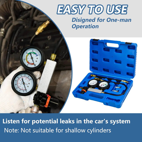 Automotive cylinder leak-down tester kit with dual pressure gauges in blue carrying case