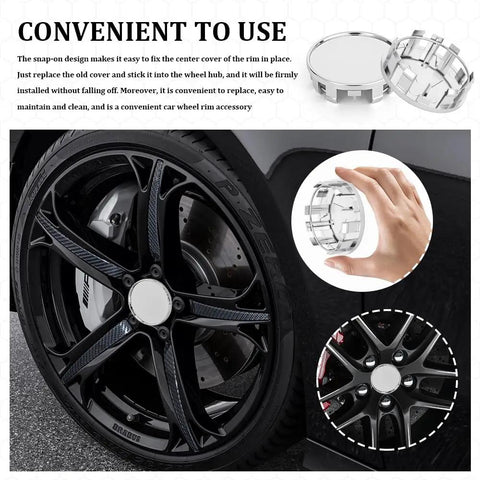 Heavy Duty Abs Wheel Center Hub Covers 4 Pack Snap On Rim Caps Universal Fit For Trucks Suv Cars shown on a sleek black wheel.