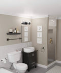 Bathroom with Dakota 5 Piece All In One Bathroom Set Includes Three Light Vanity Fixture With Seeded Glass Shades Bar Toilet Paper Holder Towel Ring Robe Hook In Matte Black Finish Sleek Industrial Vibe