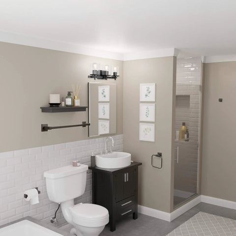 Bathroom with Dakota 5 Piece All In One Bathroom Set Includes Three Light Vanity Fixture With Seeded Glass Shades Bar Toilet Paper Holder Towel Ring Robe Hook In Matte Black Finish Sleek Industrial Vibe