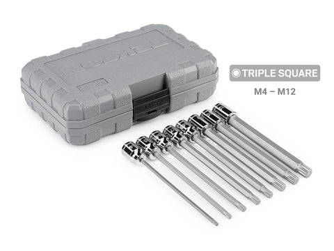 Three Eighths Inch Drive Triple Square Socket Set Eight-Piece With Case S2 Steel XZN Bits M4 Through M12 shown with carrying case