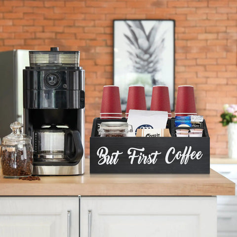 Solid Wood Coffee Station Organizer for Countertop and Bar Setup No Fuss Holder for Coffee Pods Storage Basket Black Finish