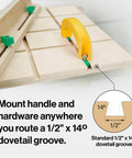 Premium Zero Play Table Saw Sled Kit featuring adjustable miter bar and ergonomic MatchFit handle with dovetail groove details.