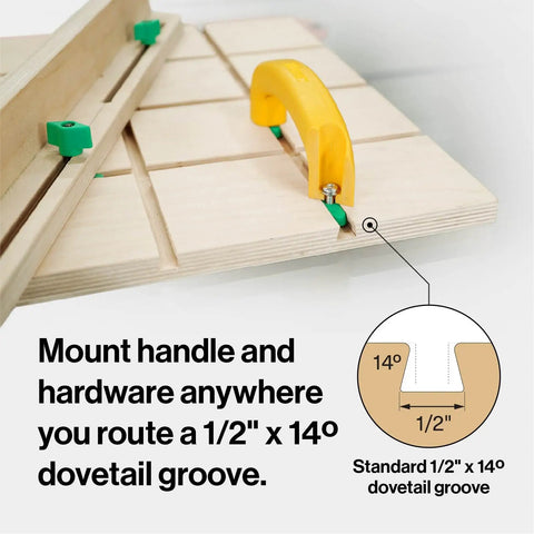 Premium Zero Play Table Saw Sled Kit featuring adjustable miter bar and ergonomic MatchFit handle with dovetail groove details.
