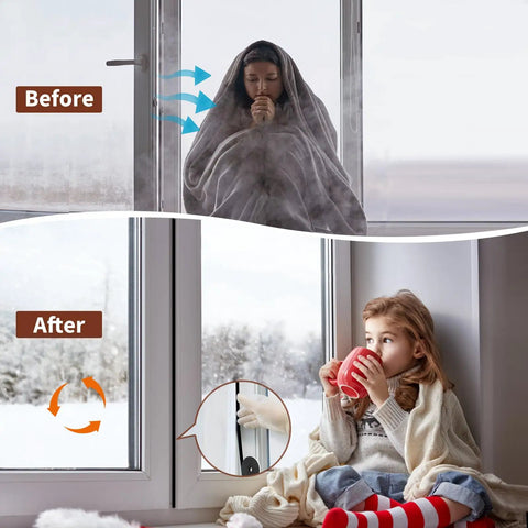 Before and after winter window insulation with Pro Grade Closed Cell Foam Tape Strips 1 4 By 1 4 Inch for sealing gaps.