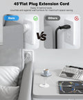 Comparison of 45° Flat Plug Extension Cord vs standard plug, showing space-saving flush design next to a couch.