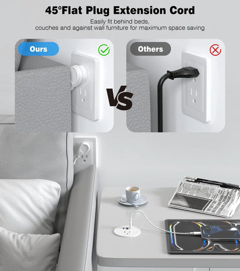 Comparison of 45° Flat Plug Extension Cord vs standard plug, showing space-saving flush design next to a couch.