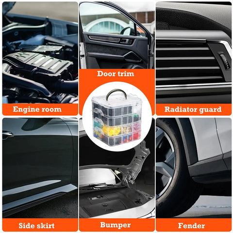 Collage showing car areas and Universal Car Retainer Clips And Fasteners Kit with 32 common sizes, 1240pcs for repairs.